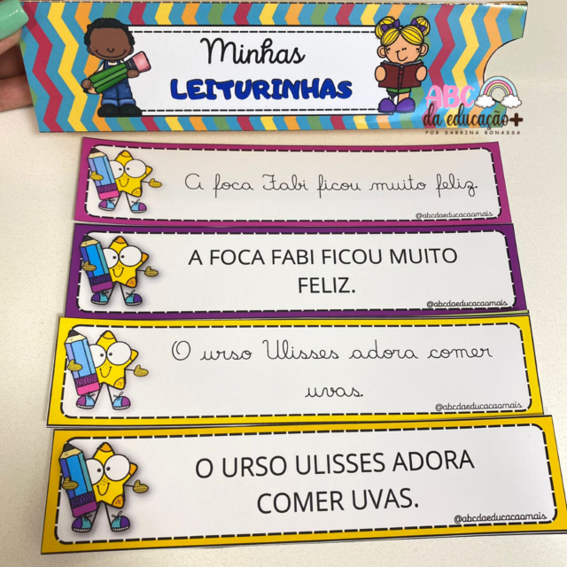 Fichas de leitura de Frases Letra cursiva e bastão Loja ABC da