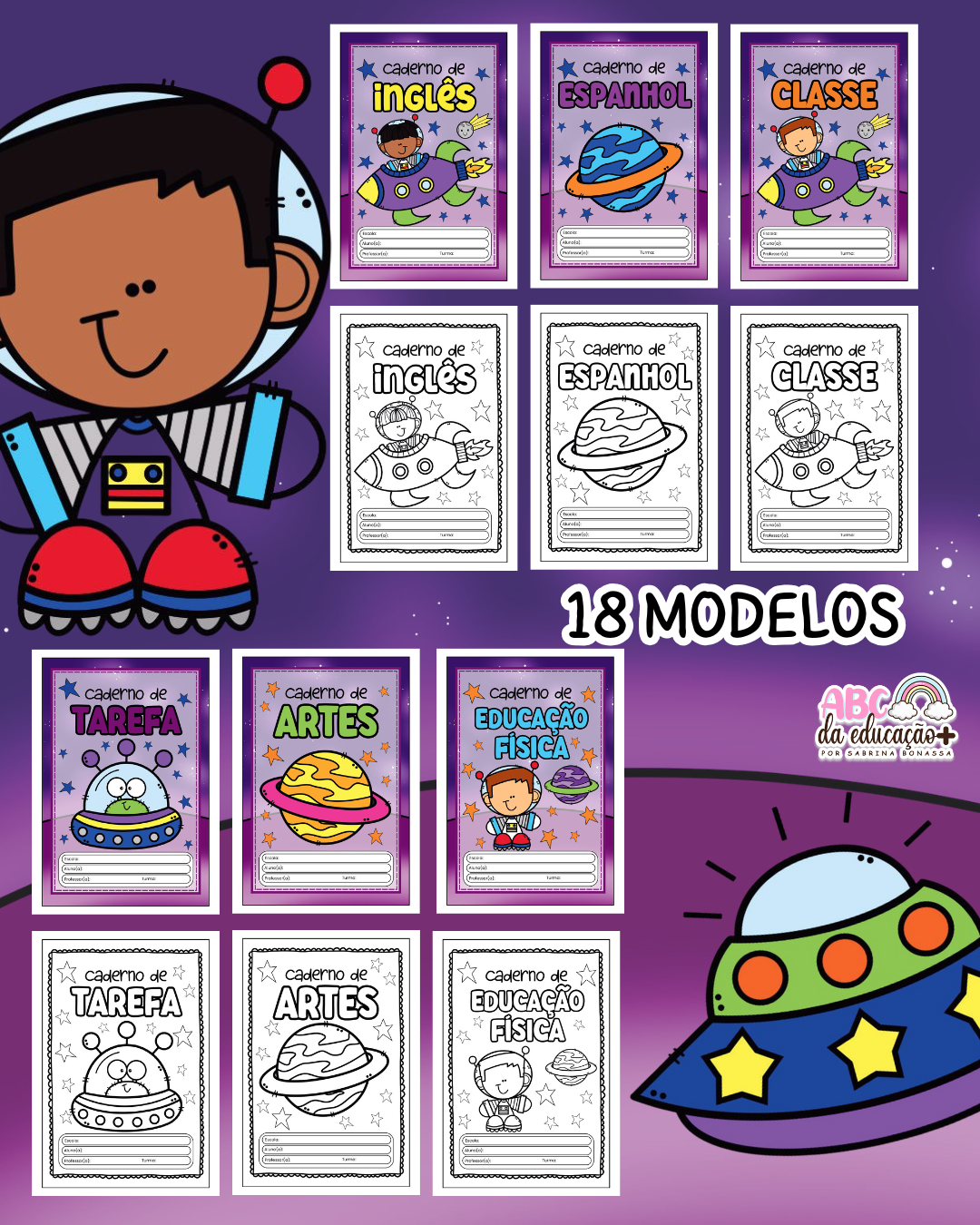 Capinhas de Caderno – Tema Astronauta (Coloridas e para Colorir) - Imagem 6