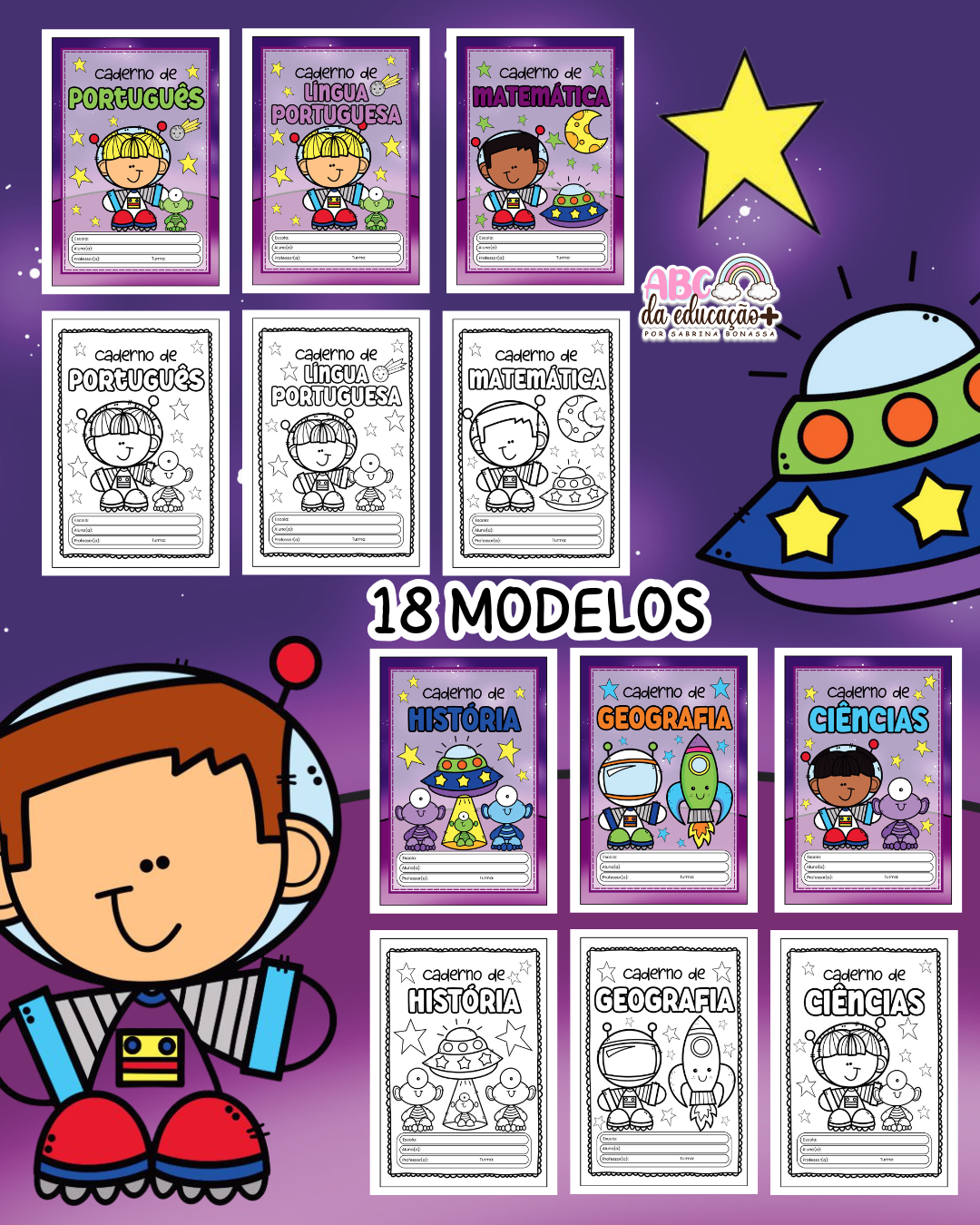 Capinhas de Caderno – Tema Astronauta (Coloridas e para Colorir) - Imagem 7