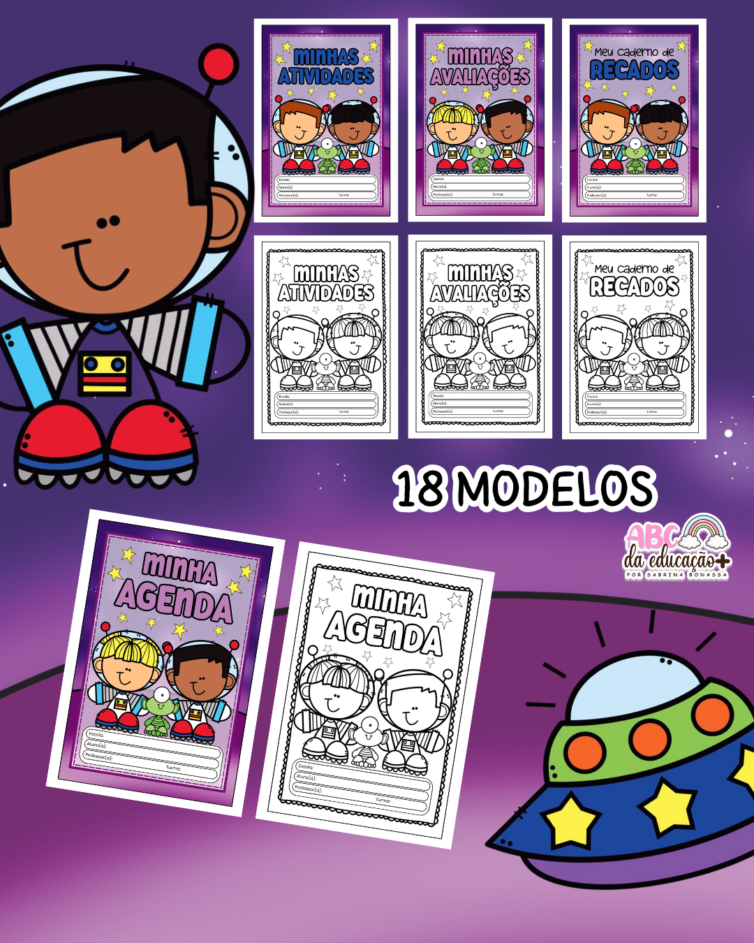 Capinhas de Caderno – Tema Astronauta (Coloridas e para Colorir) - Imagem 8