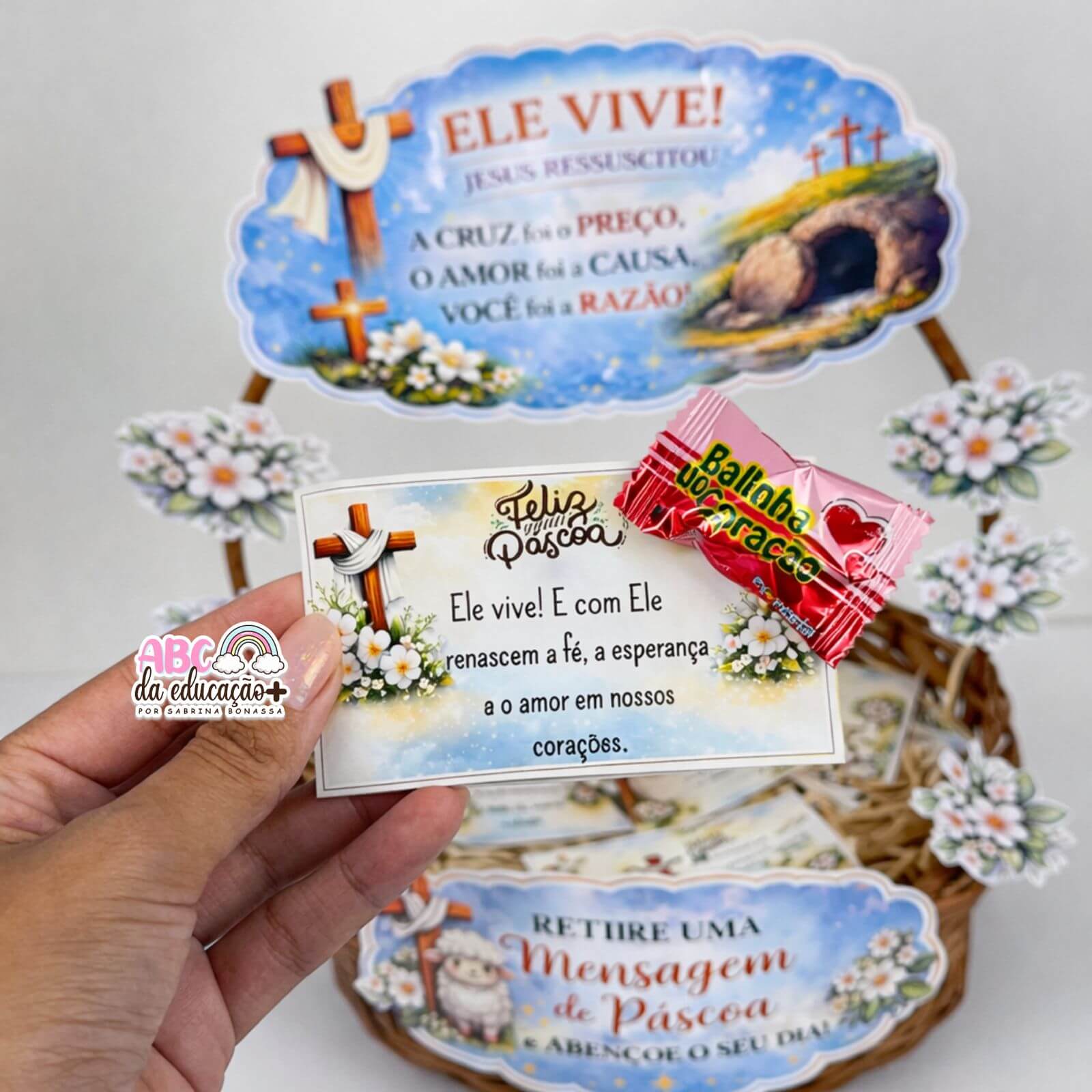 Cesta de Páscoa Cristã Decorativa + Mensagens Bíblicas