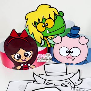 Viseiras lúdicas para o Dia do Livro colorida e para colorir